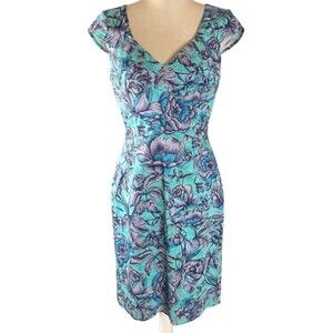Adrianna Papell Cap Sleeve Floral Sheath Dress Size 6 Blue Floral Easter Spring